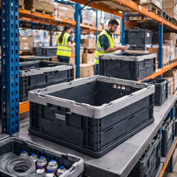 Mise en situation d'un bac pliable dans un entrepot Mise en situation d'un bac pliable dans un entrepot
